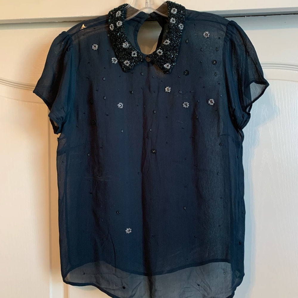 Topshop Navy Sheer Beaded Collared Blouse